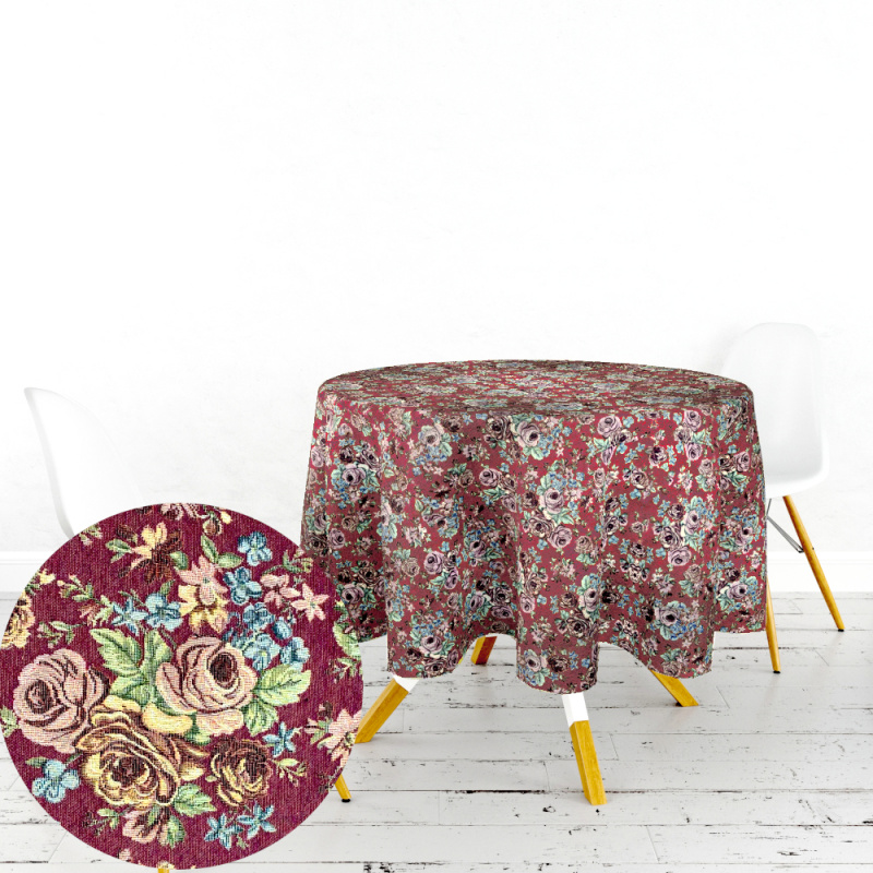 Ervi gobelínový ubrus na stůl kulatý - růže gold plus bordo