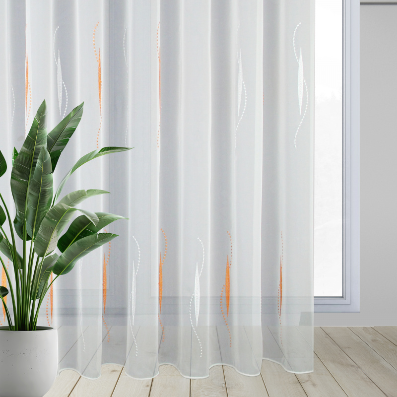 Ervi voálová záclona bílá s bílou a oranžovou výšivkou 240440 , metráž