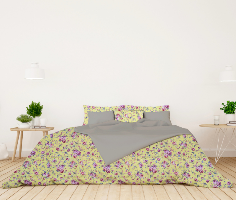 Ervi bavlněné povlečení oboustranné - Růžičky na žlutém/šedé