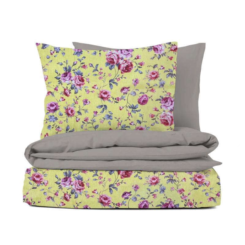 Ervi bavlněné povlečení oboustranné - Růžičky na žlutém/šedé