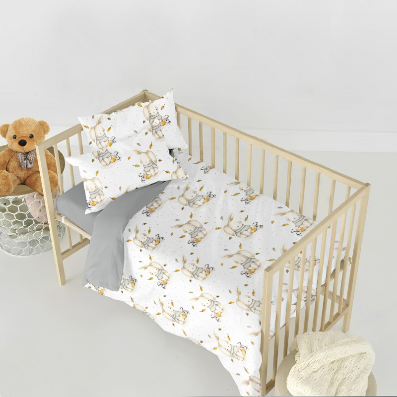 Ervi Bavlněné povlečení do postýlky DUO - Zaječí pohádka/šedé