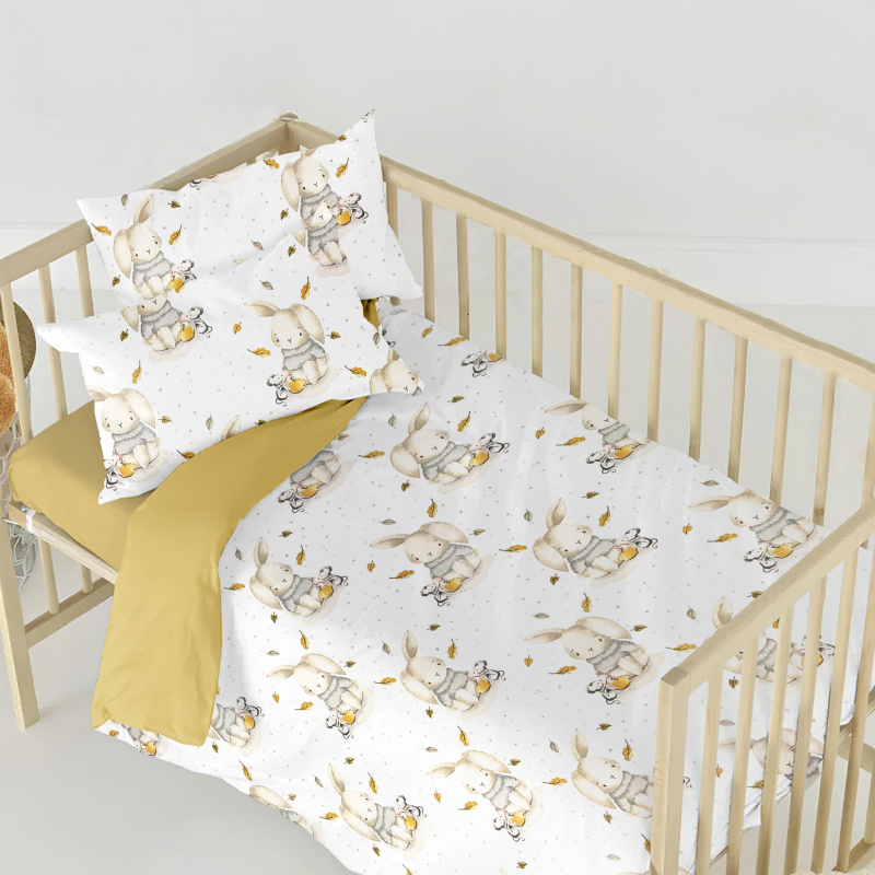 Ervi Bavlněné povlečení do postýlky DUO - Zaječí pohádka/hořčice