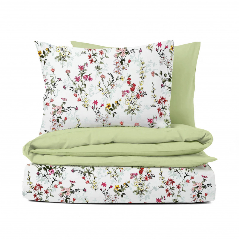 #Ervi bavlněné povlečení oboustranné - malované luční květiny na bílém/světle olivové 140x200 cm