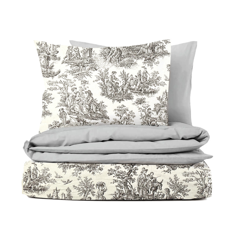 Ervi Bavlněné povlečení oboustranné - Toile de Jouy/světle šedý