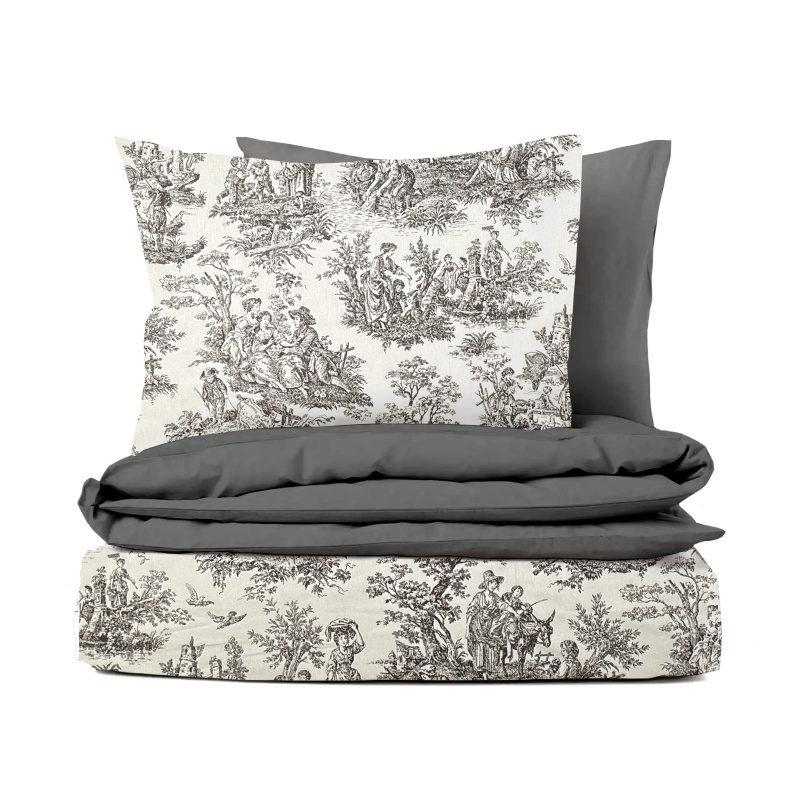 Ervi Bavlněné povlečení oboustranné - Toile de Jouy/světle šedé