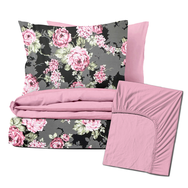 #Ervi Zvýhodněná Sada Bavlněného DUO povlečení s Prostěradlem - Květy na černém/růžové  200x220cm