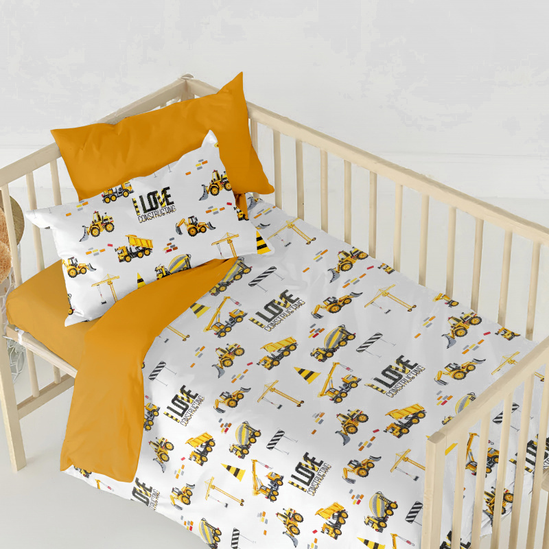 Ervi bavlněné povlečení do postýlky DUO - auta a bagry/oranžové