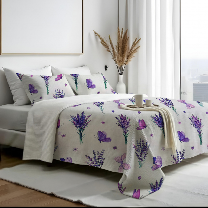 Ervi 100% Bavlněný multifunkční deka-přehoz na postel Waffle - Levandulový Sen