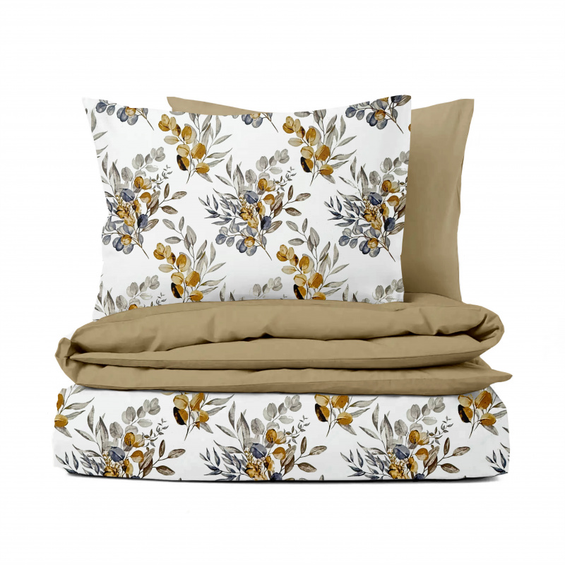 Ervi Bavlněné povlečení oboustranné - eukalyptové větvičky podzimní/hořčice