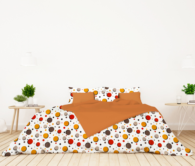 #Ervi bavlněné povlečení oboustranné - barevné kruhy/oranžové 140x200 cm + 70x90 cm