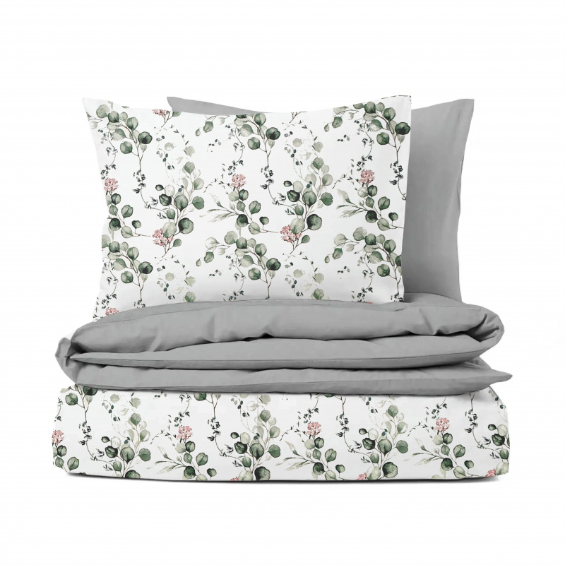 Ervi Bavlněné povlečení oboustranné - Eukalyptový dotek 2/světle šedé