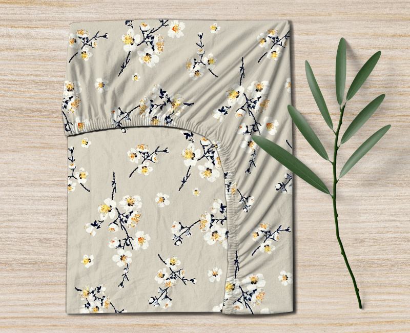 #Ervi Bavlněné napínací prostěradlo - Třešňový květ na béžovém 120x200 cm