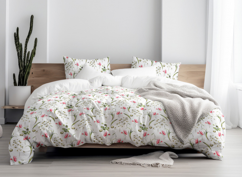 Ervi Bavlněné povlečení oboustranné - Dotek květů/bílé
