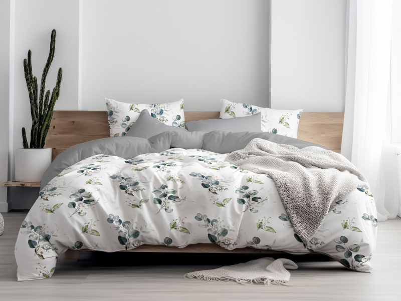 Ervi Bavlněné Saténové povlečení DELUXE DUO - Dotek Přírody/šedé