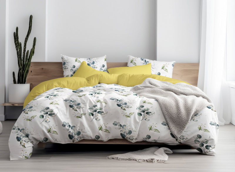 Ervi Bavlněné Saténové povlečení DELUXE DUO - Dotek Přírody/žluté