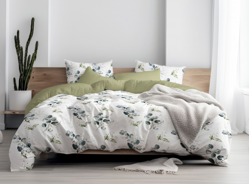 Ervi Bavlněné Saténové povlečení DELUXE DUO - Dotek Přírody/olivové