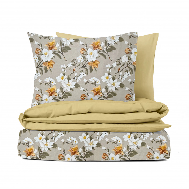 Ervi Bavlněné povlečení oboustranné - Magnóliový klid/hořčice