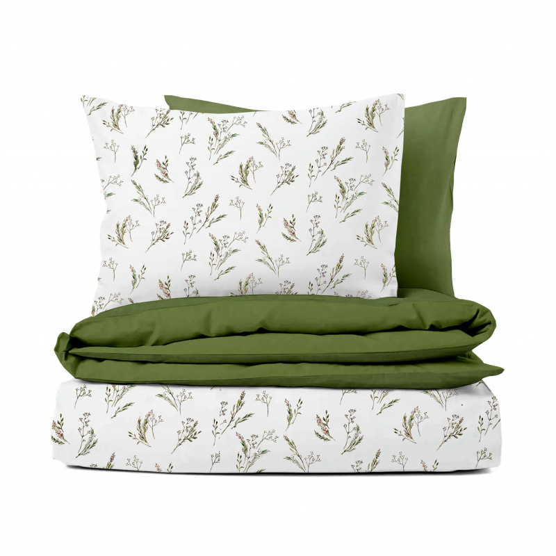 Ervi Bavlněné Saténové povlečení DELUXE DUO - Jemné bylinky/olivové
