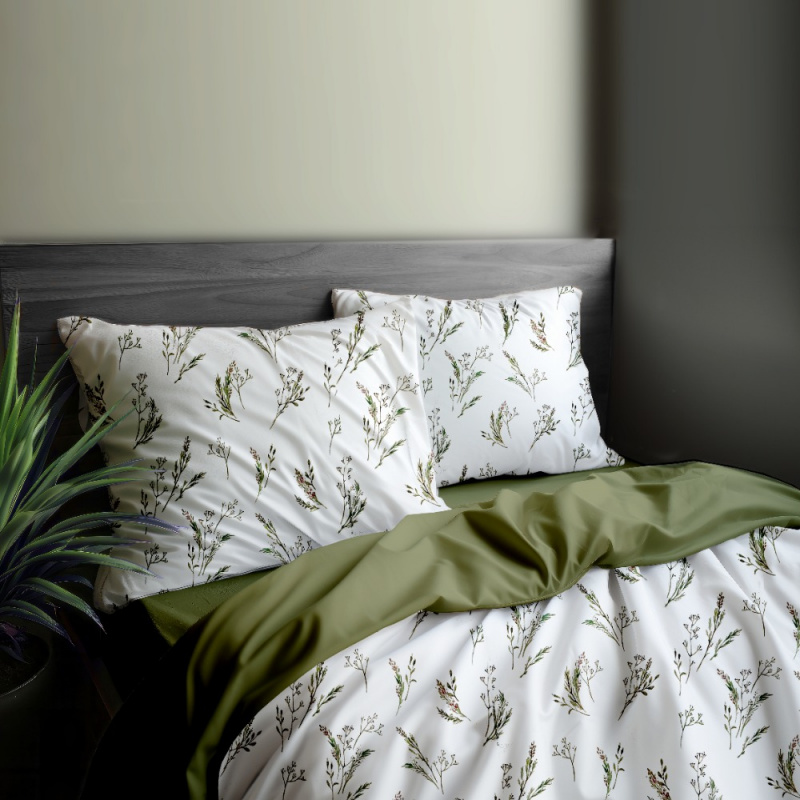 Ervi Bavlněné Saténové povlečení DELUXE DUO - Jemné bylinky/olivové