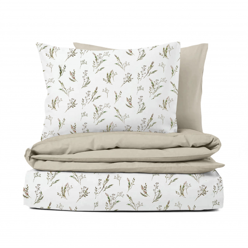 Ervi Bavlněné Saténové povlečení DELUXE DUO - Jemné bylinky/bežové