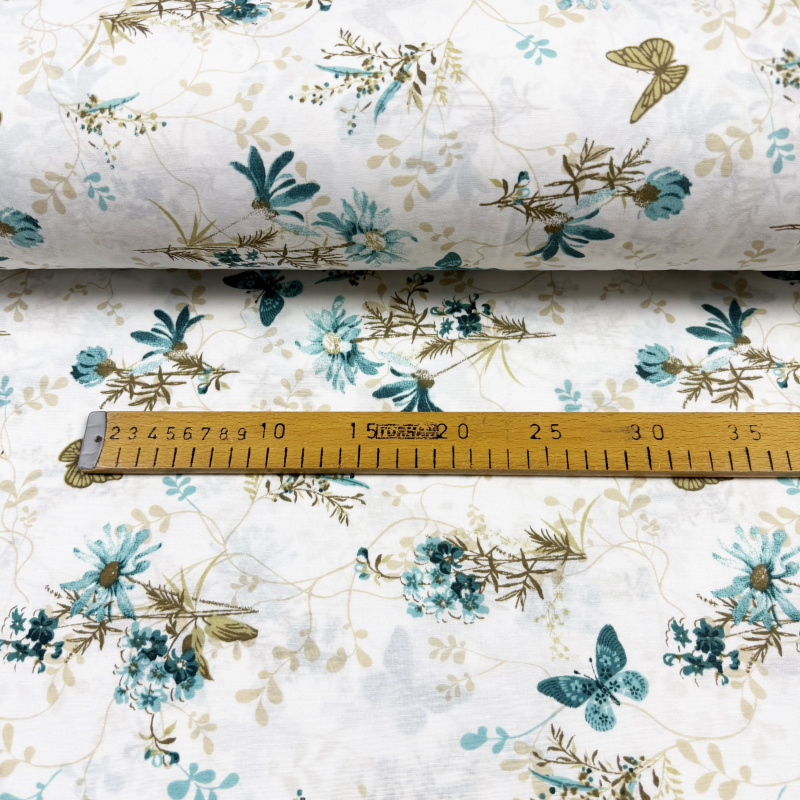 š.240cm Ervi Bavlněná látka/plátno - Tanec motýlů tyrkysový - 6928-2, metráž