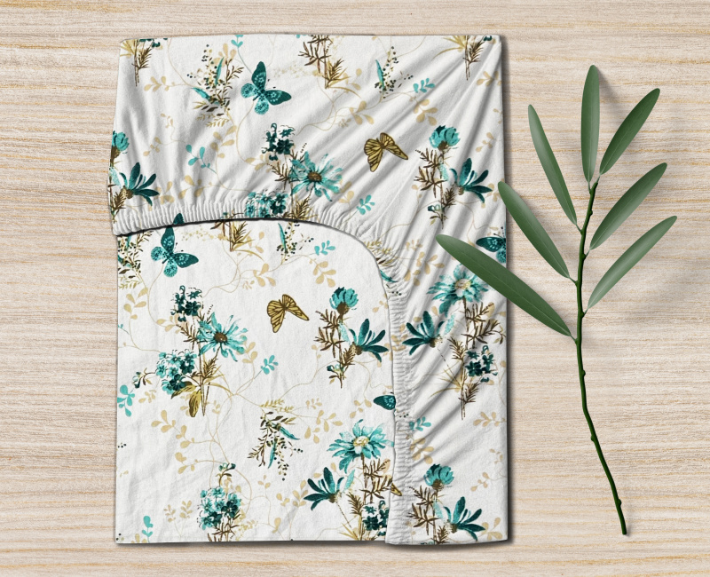 Ervi Bavlněné napínací prostěradlo - Tanec motýlů tyrkysový