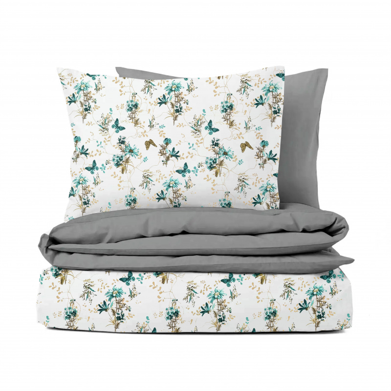 Ervi Bavlněné povlečení oboustranné - Tanec motýlů tyrkysový/šedé