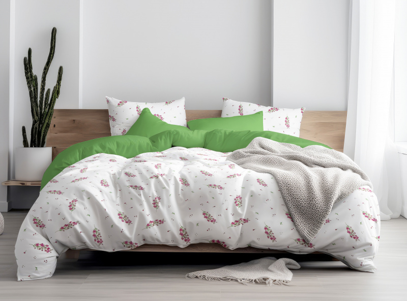 Ervi Bavlněné povlečení oboustranné - Růžový květ jara/zelené