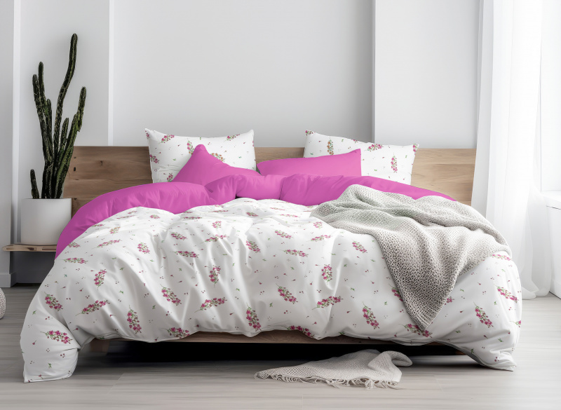 Ervi Bavlněné povlečení oboustranné - Růžový květ jara/fuchsia