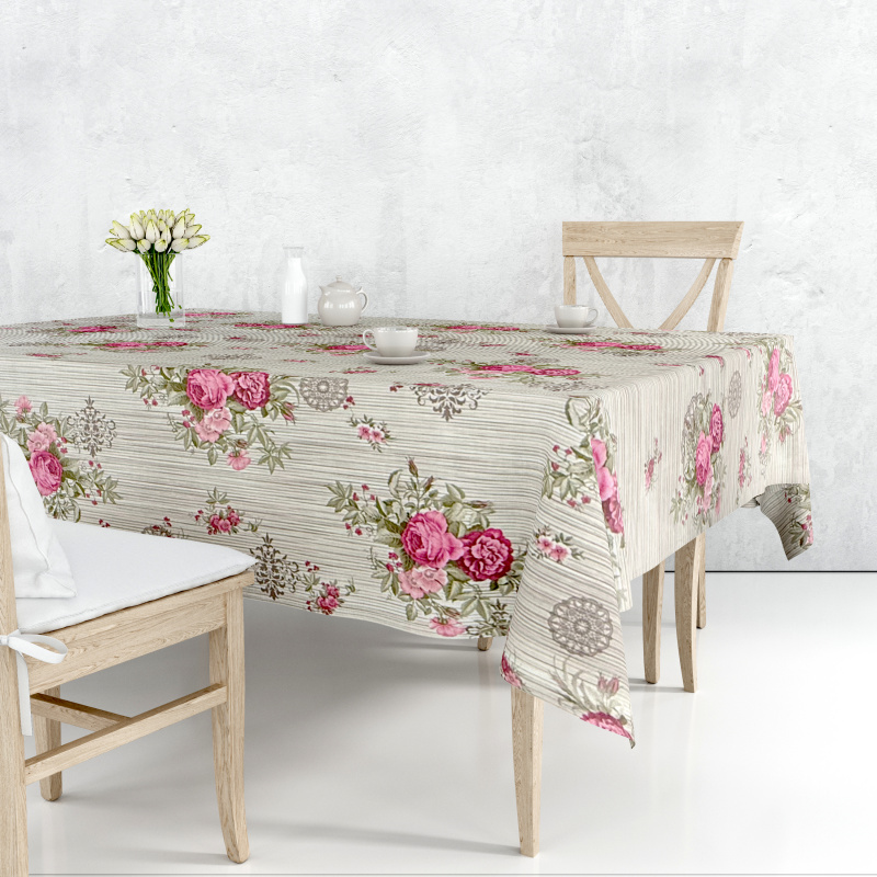 Ubrus PVC DC-6575D – Růžová zahrada v krajce (různé velikosti)