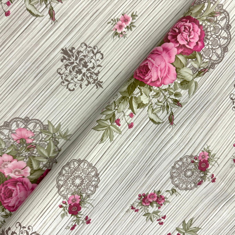 Ubrus PVC kulatý DC-6575D – Růžová zahrada v krajce (různé velikosti)