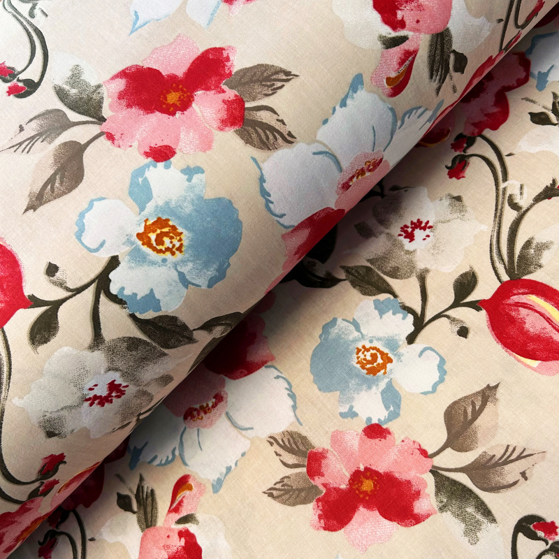 Ervi Bavlněná látka/plátno š.240cm - květiny na béžovém - 26235-14, metráž