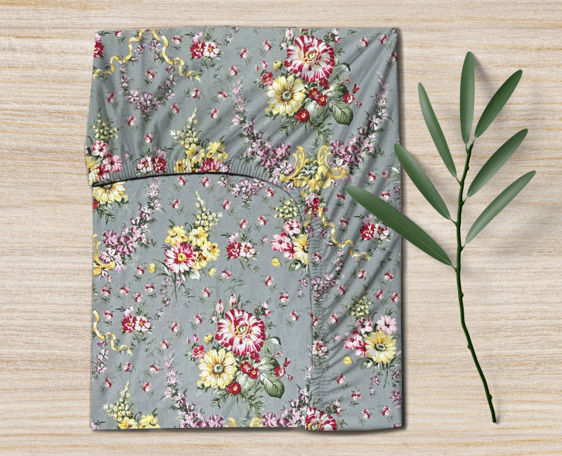 #Ervi bavlněné napínací prostěradlo - Kytice na šedém 140x200 cm