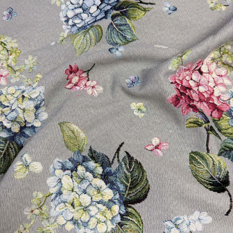 280cm šířka Dekorační/potahová Gobelínová látka  - Hortenzie na šedém