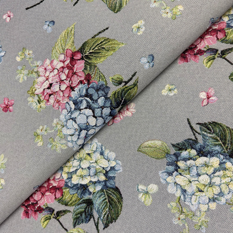 280cm šířka Dekorační/potahová Gobelínová látka  - Hortenzie na šedém