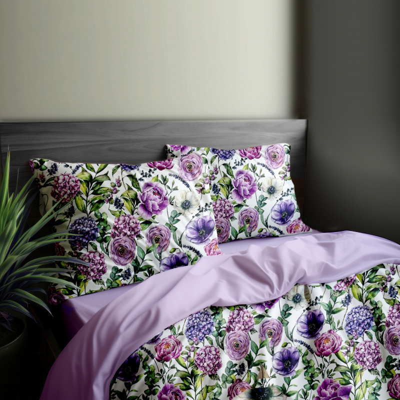 Ervi Bavlněné Saténové povlečení DELUXE DUO - Fialová zahrada/světle fialové