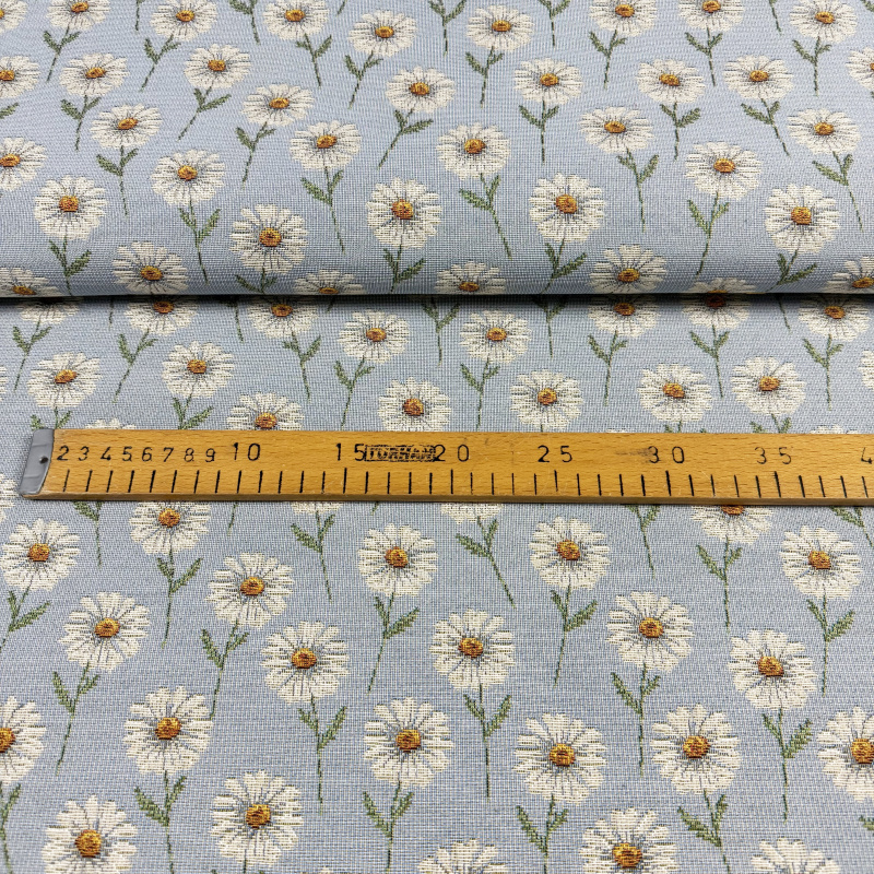 280cm šířka Dekorační/potahová Gobelínová látka  - Romantické kopretiny na modrém