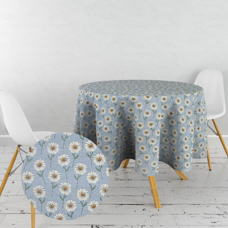 Ervi Gobelínový ubrus na stůl kulatý - Romantické kopretiny na modrém